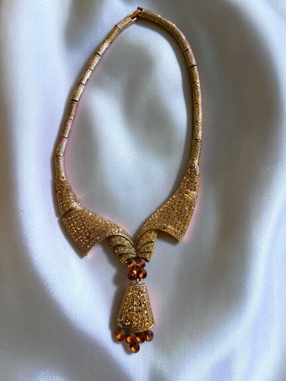 Vintage Gold-Tone Ornate Necklace With Amber Crystal Pendant & Intricate Details - Picture 11 of 11